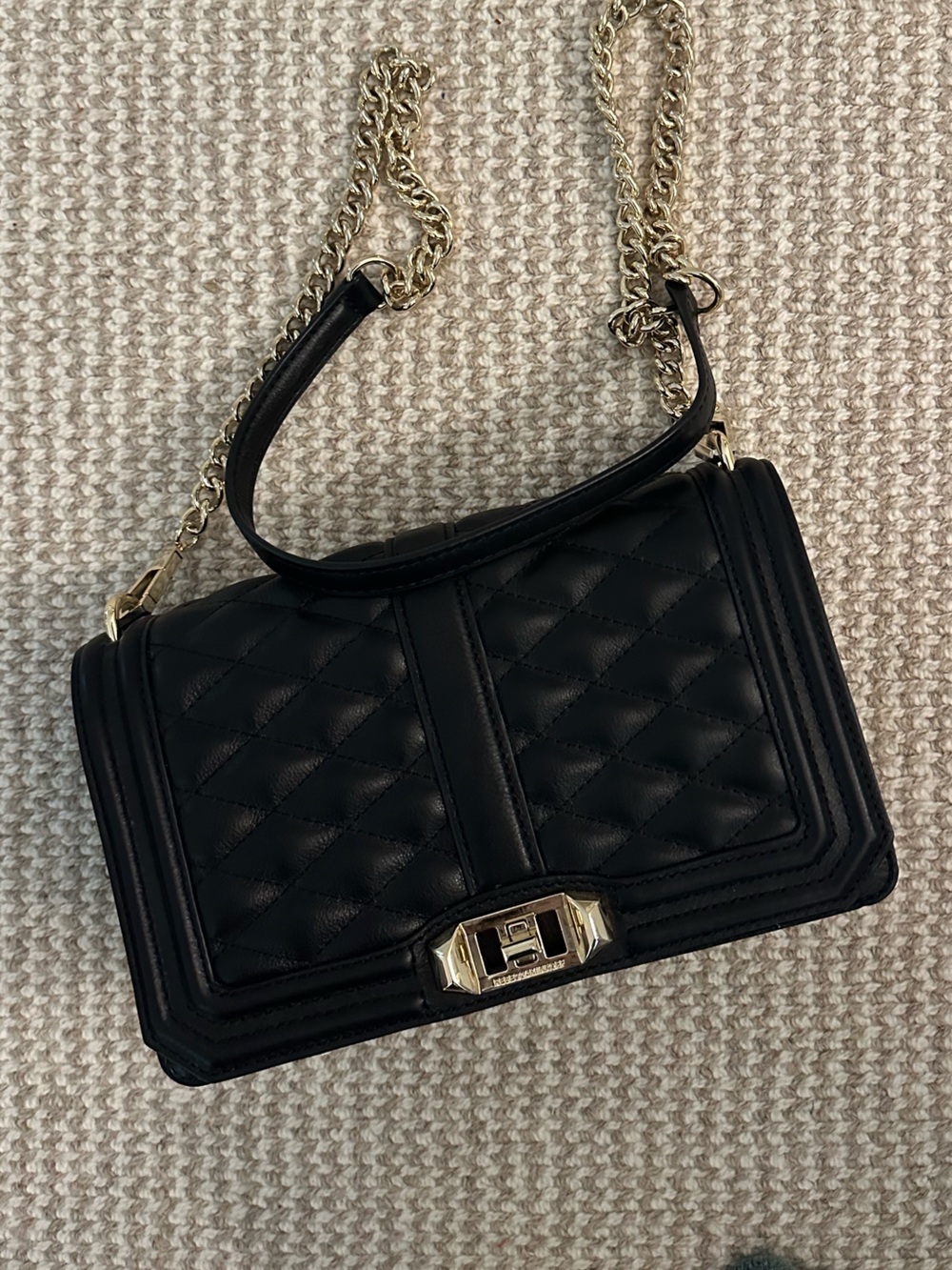 Rebecca Minkoff Black Quilted Leather Shoulder Bag with Gold Chain